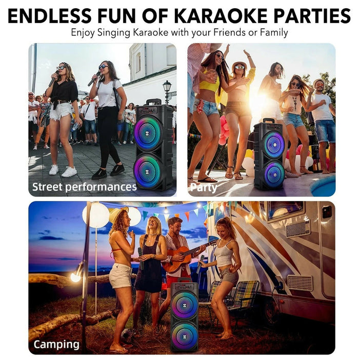 Portable Bluetooth Party Speaker with RGB Lights, Dual 8.5" Speakers, Wired Microphone, BT 5.3, USB/TF/AUX/FM/MIC, Karaoke Sound System for Home, Parties, Camping & Events