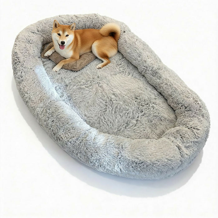 Extra-Large Calming Dog Bed 174×110 cm with Blanket & Pillow, Ultra-Soft Plush Orthopedic Foam Support, Washable Cover, Non-Slip Bottom – XXL Comfort Bed for Large Dogs & Multi-Pets – Grey
