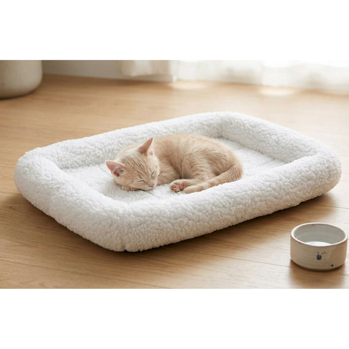 White Fleece Pet Bed for Cats & Small Dogs, Soft Bolster Crate Bed, Washable Plush Sleeping Mat, 21.75 x 15 x 2 in, Cozy Indoor Bed for Puppy, Kitten, Crate & Carrier