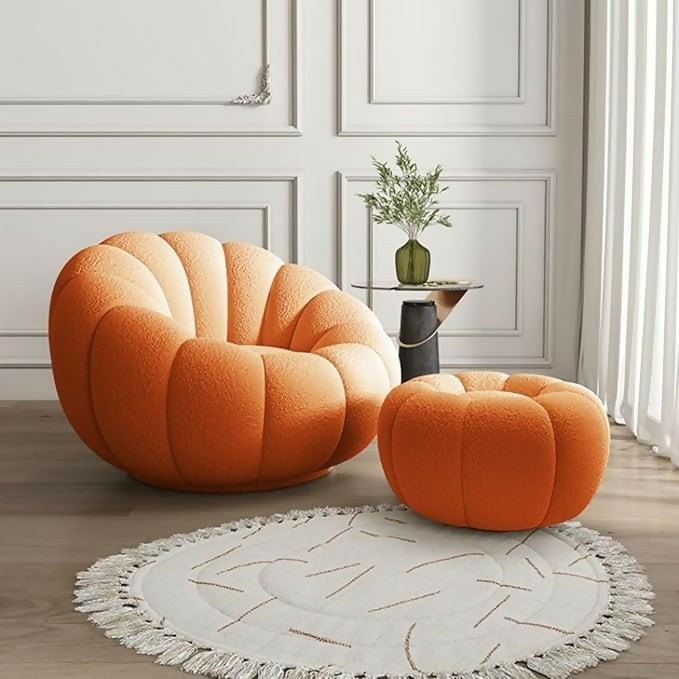 Pumpkin Swivel Accent Chair, Modern Lounge Sofa Round Barrel Chair, Wool Chair with Ottoman