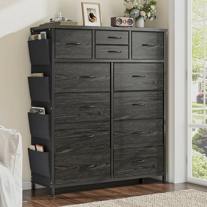 12-Drawer Dresser with Side Storage Pockets, Tall Chest of Drawers for Bedroom, Closet & Living Room, Fabric Dresser Organizer with Wood Top, Metal Frame – Large Capacity Storage Cabinet