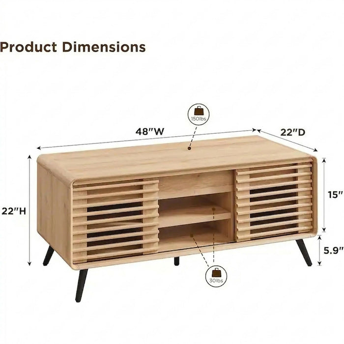 Lift Top Coffee Table, 48 Inch Mid Century Modern Coffee Table with Hidden Storage, Sliding Slatted Doors, Open Shelves, Rounded Edges, Wood Grain Finish for Living Room