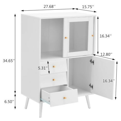 餐邊櫃、帶滑動玻璃門的白色特色櫃、3 個抽屜、帶儲物空間的現代自助餐櫃