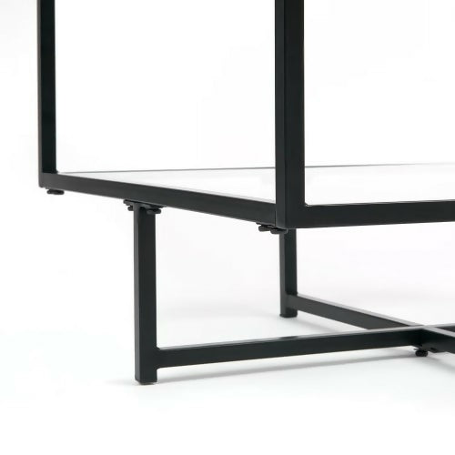 Glass End Table, Modern Side Coffee Table with 2 Tier Storage, Black Metal Frame for Home, Living Room, Bedroom