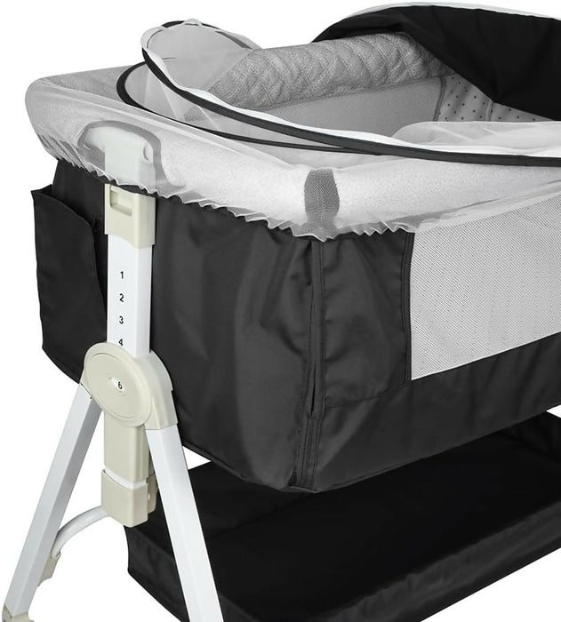 Premium Baby Bassinet Bedside Sleeper with Cradle Function and Lockable Wheels, Storage Tray, Breathable Mesh Sides and Cover, 7-Height Adjustable, Easy-Fold Crib for Newborns