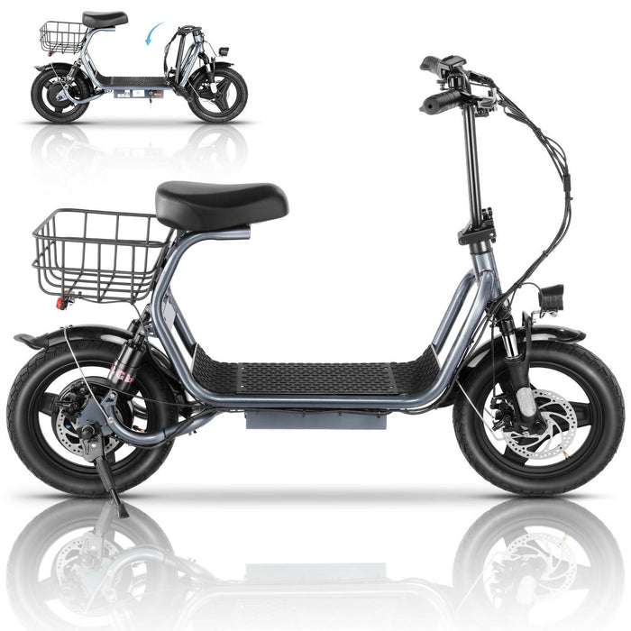 Adult Electric Scooter with Seat, 750W Motor, 14-Inch Pneumatic Tires, Front & Rear Disc Brakes, LCD Display, LED Headlight, Rear Basket, Folding Electric Scooter for Commuting, Gray and white Model HBCP1401