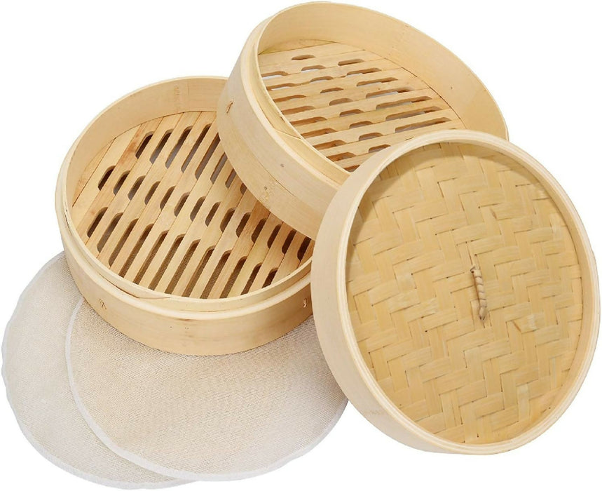 Bamboo Steamer 10 Inch, 2 Tier Steamer Basket & Lid, Dumpling Steamer, Dim Sum Steamer Basket, with Round Shape Mesh Non-Stick Pad, Steaming for Vegetables, Bao Bun, Rice, Chicken, Fish & Meat