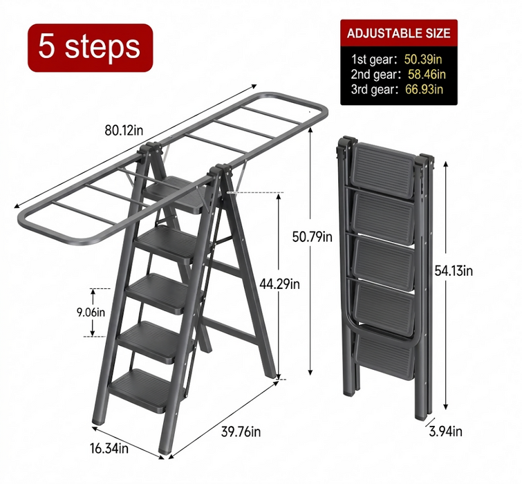 Step Ladder Drying Rack Foldable Height-Adjustable Clothes Drying Stand with Wide Non-Slip Steps 5-Step Laundry Ladder Rack Indoor Space-Saving Clothes Hanger Model LYJ5STEP