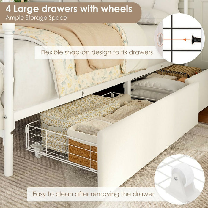 Velvet Upholstered Full-Size Bed Frame with 4 Storage Drawers, Cloud-Shaped Headboard, Sturdy Metal Slat Support, No Box Spring Required, Beige