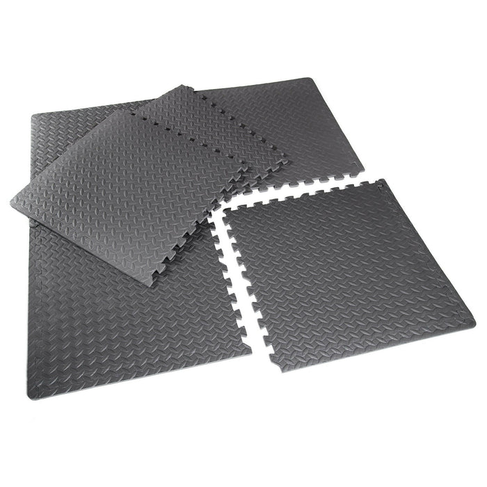 Interlocking Exercise Floor Mats 6-Piece EVA Foam Gym Flooring Tiles with Edge Borders, Textured Anti-Slip Surface, 57.3 cm Black Puzzle Mat for Home Gym & Workout Areas