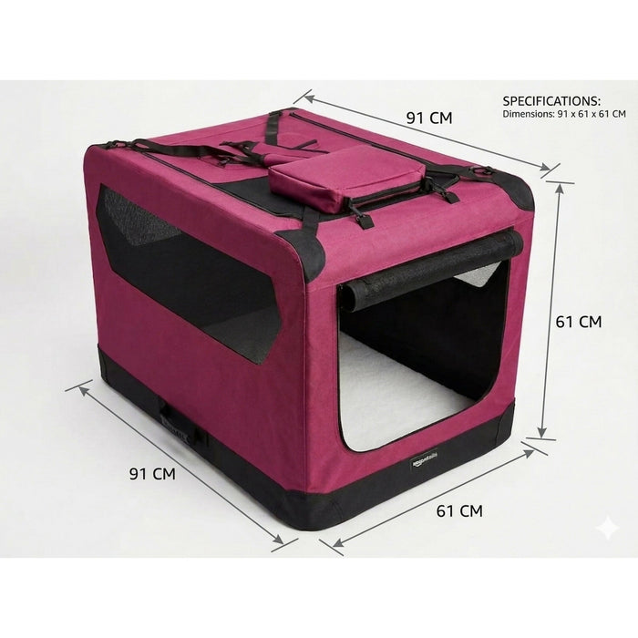 Soft Dog Crate 91 cm Foldable Portable Pet Carrier with Mesh Windows, Top & Front Openings, Carry Handles, Shoulder Strap & Washable Fleece Pad Red Indoor Travel Crate