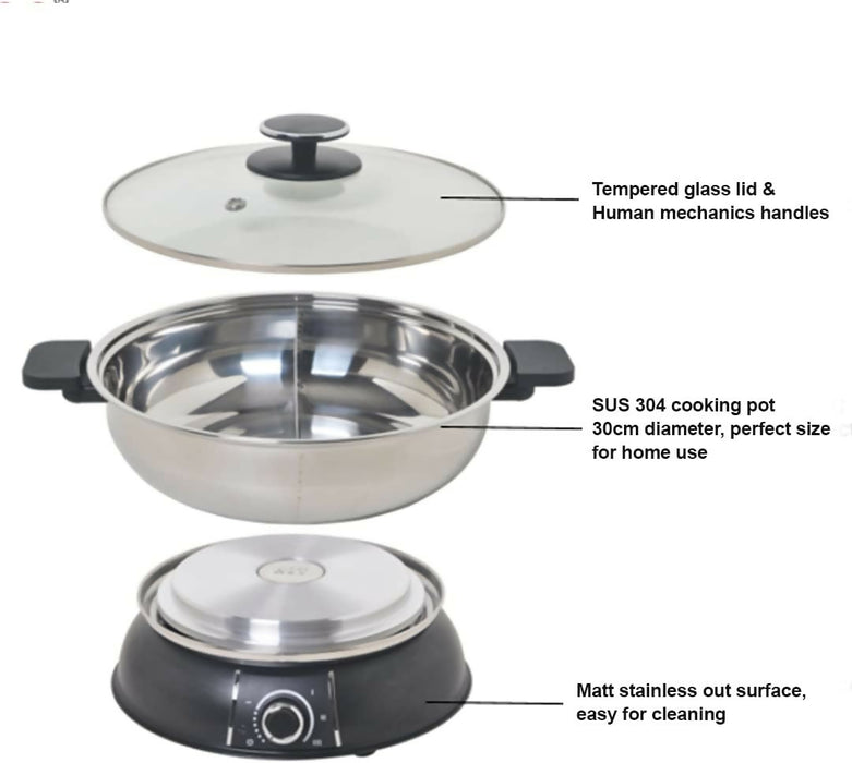 小浣熊 30cm不銹鋼鴛鴦電火鍋 電熱鍋 2格 5L 1500W