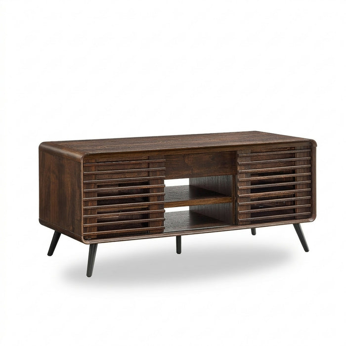 Lift Top Coffee Table, 48 Inch Mid Century Modern Coffee Table with Hidden Storage, Sliding Slatted Doors, Open Shelves, Rounded Edges, Wood Grain Finish for Living Room