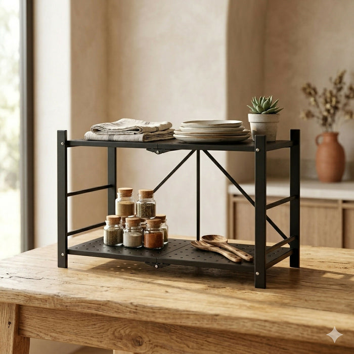 Foldable Countertop Shelf Organizer, 2-Tier Metal Storage Rack, Collapsible Space-Saving Cabinet and Counter Riser, 70 x 33.5 x 43 cm, Black, Kitchen Pantry Bathroom Office Use