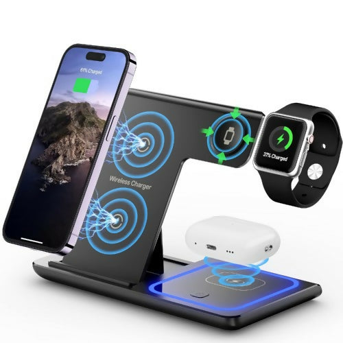 in Wireless Charger, Universal Compatible Foldable Charging Station with Night Light for iPhone, Android, Apple Watch, Airpods (Black)