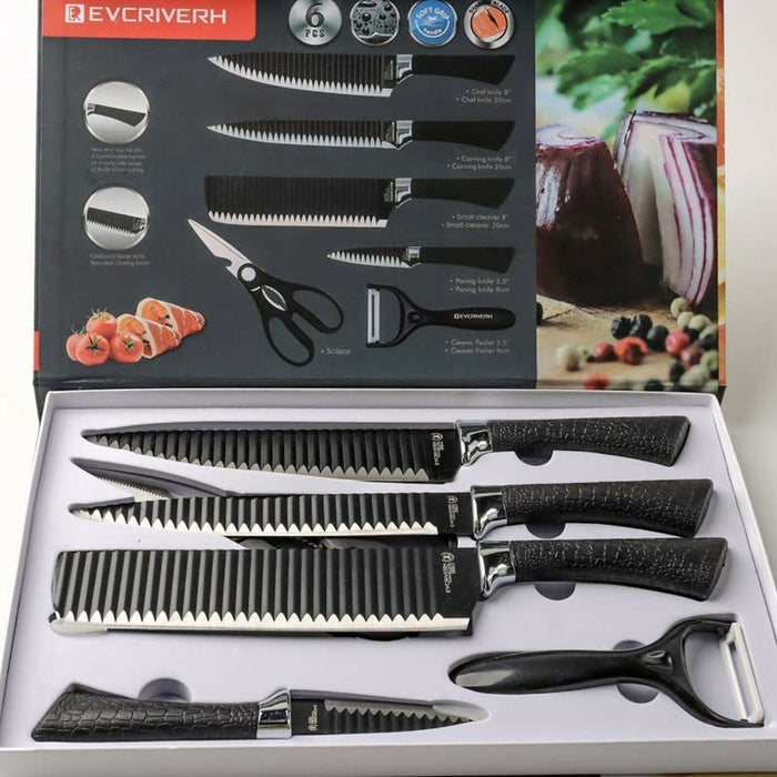 6-Piece Kitchen Knife Set with Ceramic Peeler & Scissors Ultra-Sharp Stainless Steel Blades, Non-Stick Corrugated Design, Ergonomic Handles Chef, Cleaver, Carving & Paring Knives