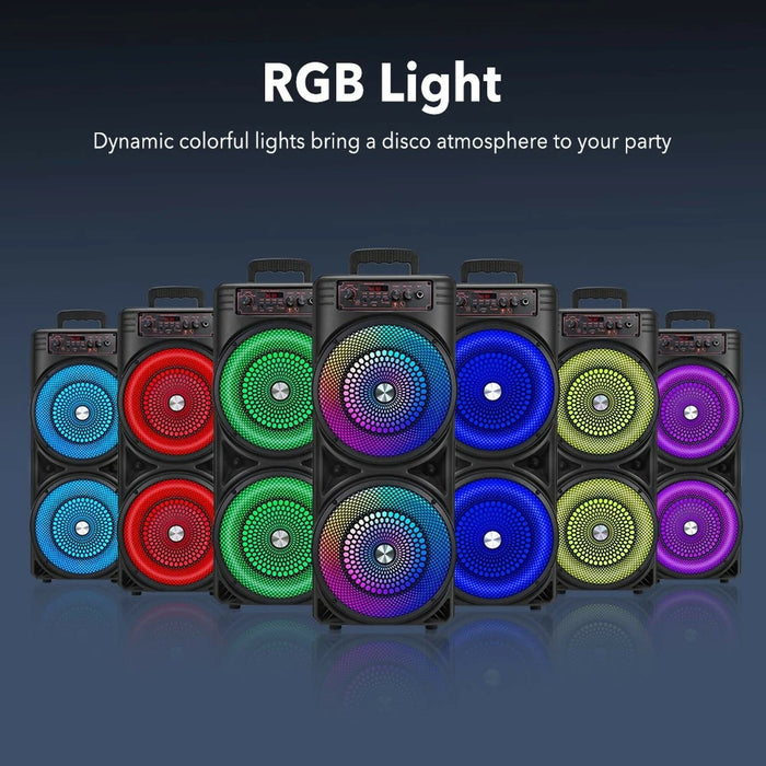 Portable Bluetooth Party Speaker with RGB Lights, Dual 8.5" Speakers, Wired Microphone, BT 5.3, USB/TF/AUX/FM/MIC, Karaoke Sound System for Home, Parties, Camping & Events
