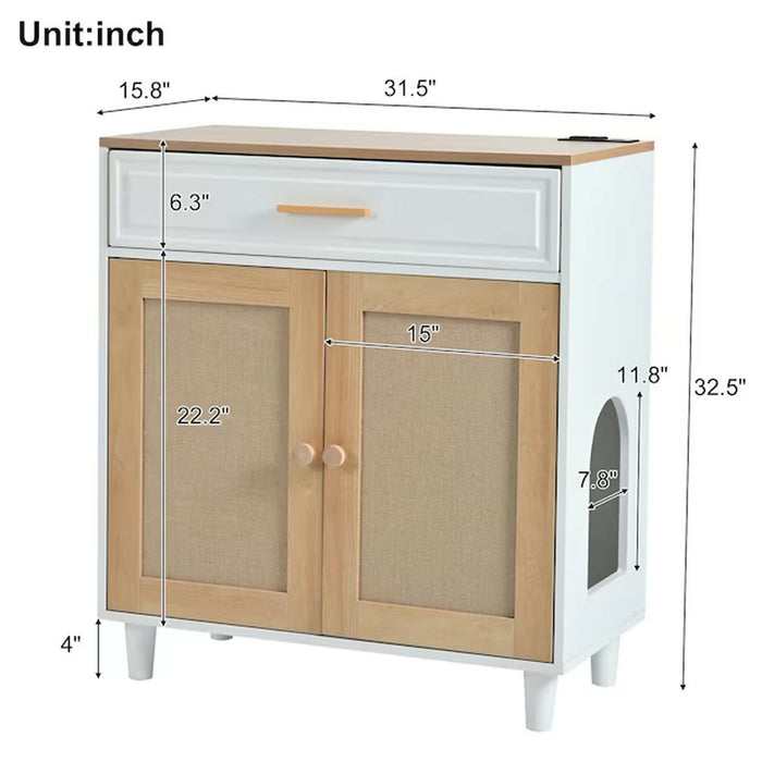 Cat Litter Box Enclosure Furniture, Hidden Cat Washroom Cabinet with Scratcher Doors, Storage Drawer, 2 AC Outlets & 2 USB Ports, 31.5 x 15.8 x 32.5 in, White/Natural Side Table