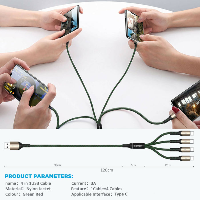 Multi Charging Cable, Bismdky 2Pack 4FT Nylon Braided Universal 4 in 1 Multiple USB Cable 3A Charging ，with Dual Phone/USB-C/Micro-USB Port Adapter Connectors for Cell Phones Tablets and More