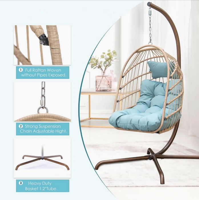 Hanging Egg Chair with Stand, Swinging Wicker Chair with Breathable Cushions