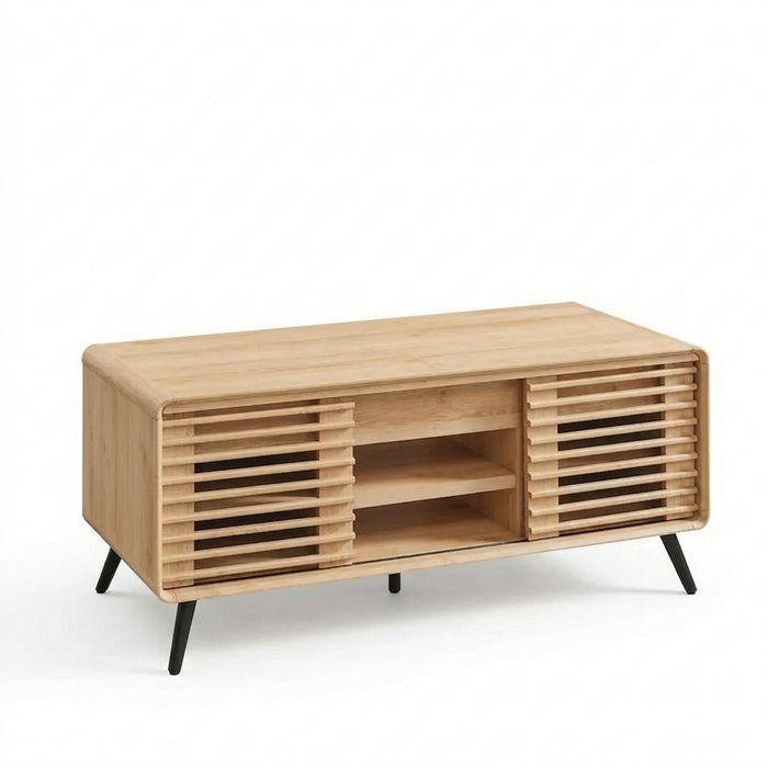 Lift Top Coffee Table, 48 Inch Mid Century Modern Coffee Table with Hidden Storage, Sliding Slatted Doors, Open Shelves, Rounded Edges, Wood Grain Finish for Living Room
