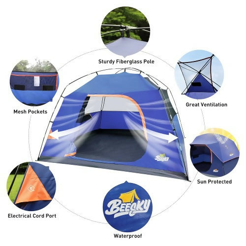 4/6 Person Camping Tent, Waterproof Windproof Tent with Removable Top Rainfly, Large Mesh Windows, Easy Set Up, Carry Bag - BS-0066