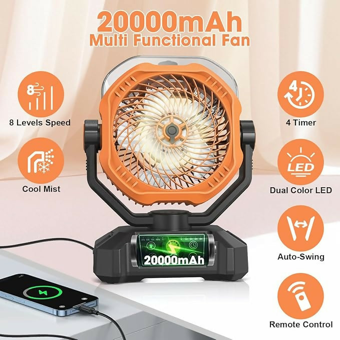 Misting Fan Rechargeable,8-Speed with Dual Mist Modes,40-Inch Long Range Spray,360ML Water tank,Portable Cooling Fan with Remote Control,Dual-Color LED Light for Patio,Camping,and Home Use(Orange)