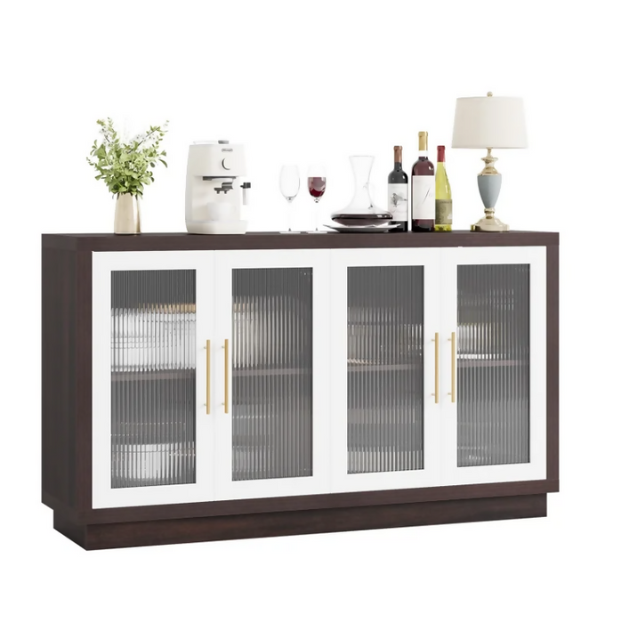 Wooden 55.1"W Modern Sideboard Buffet with Fluted Glass Doors, Accent Cabinet Console Table TV Stand, Brown & White