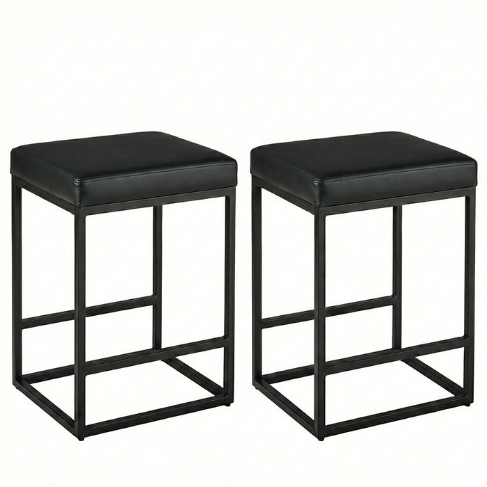 2PCS Square Bar Stool Set with PU Leather Cushion 24"Counter & Bar Height Heavy-Duty Metal Frame, Footrest, Non-Slip Feet for Kitchen Island, Bar, Dining