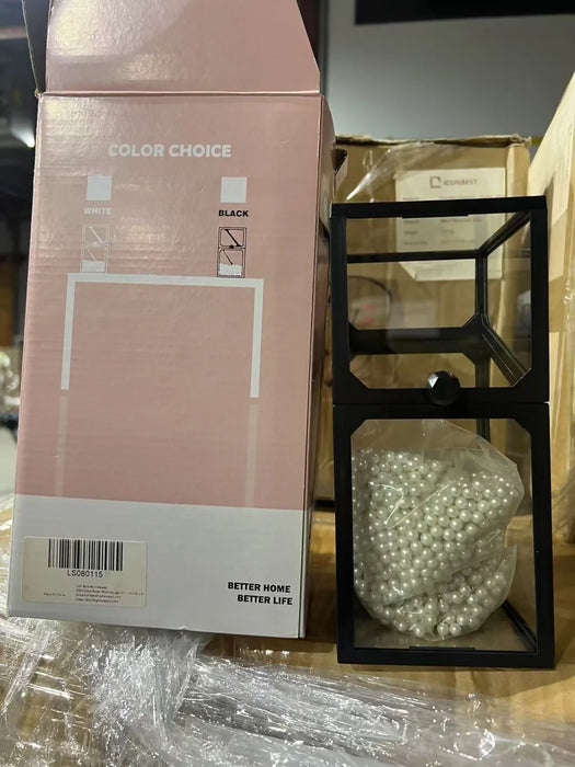 帶塑料珍珠的化妝刷收納盒，方形，玻璃材質