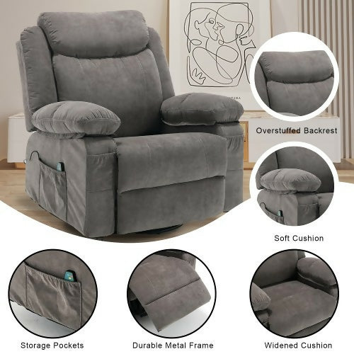 Massage Recliner Chair, 360° Swivel Rocker Reclining Chair with Massage and Heat Function for Home, Living Room (Grey)