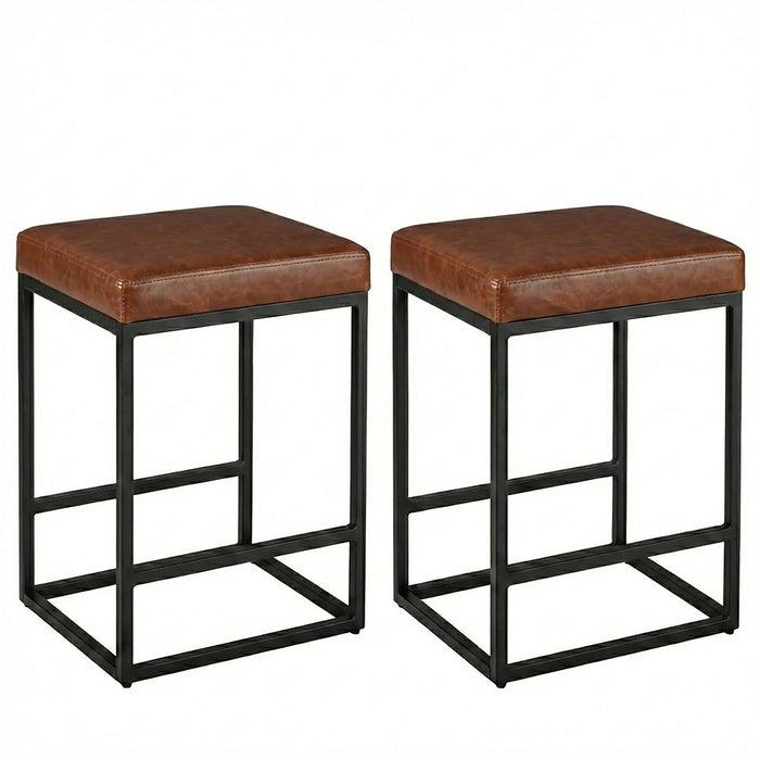 2PCS Square Bar Stool Set with PU Leather Cushion 24"Counter & Bar Height Heavy-Duty Metal Frame, Footrest, Non-Slip Feet for Kitchen Island, Bar, Dining
