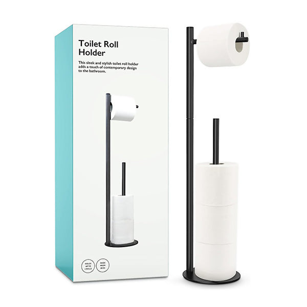 Toilet Paper Holder Stand, Bathroom Free Standing with Storage, Black