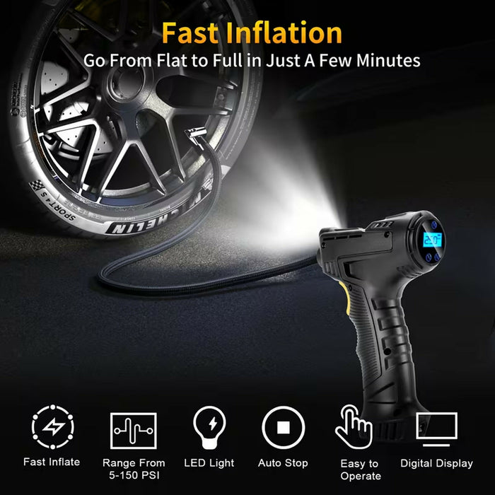 Portable Tire Inflator Air Compressor, 150 PSI Cordless Air Pump with 4000mAh Rechargeable Battery, Digital Pressure Gauge, Auto Shut-Off, LED Light, for Car, Motorcycle, Bicycle & Sports Balls