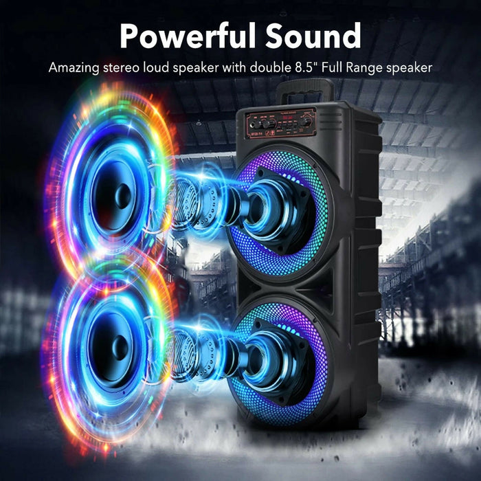 Portable Bluetooth Party Speaker with RGB Lights, Dual 8.5" Speakers, Wired Microphone, BT 5.3, USB/TF/AUX/FM/MIC, Karaoke Sound System for Home, Parties, Camping & Events