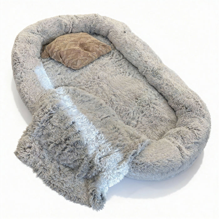 Extra-Large Calming Dog Bed 174×110 cm with Blanket & Pillow, Ultra-Soft Plush Orthopedic Foam Support, Washable Cover, Non-Slip Bottom – XXL Comfort Bed for Large Dogs & Multi-Pets – Grey