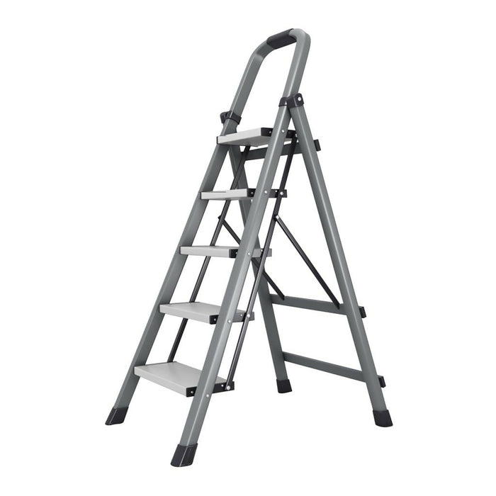 5-Step Folding Step Ladder with Handrails, Wide Anti-Slip Pedals, Carbon Steel Frame, Portable Heavy-Duty Stepladder for Kitchen, Closet, Garage & Home Organization, Gray, Model TH5STEP