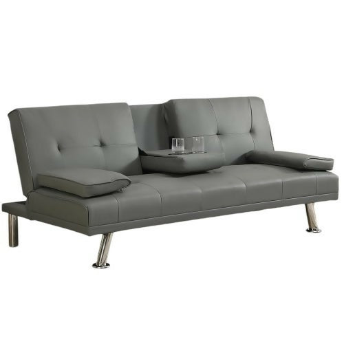 Adjustable Folding Sofa Bed Modern Faux Leather Sofa with 2 Cup Holde singclub