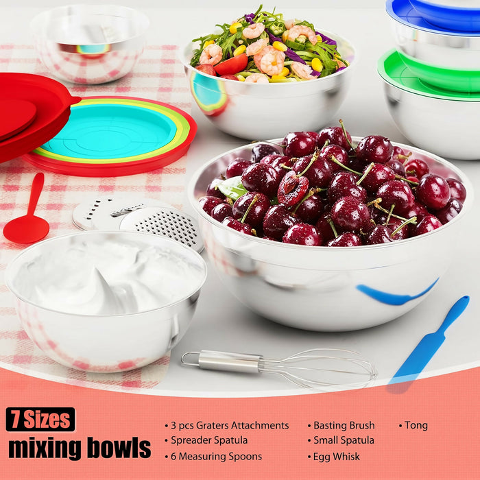 7 PCS Stainless Steel Mixing Bowl Set, Multifunctional Stacking Mixing Bowls with Lids and Accessories for Home, Kitchen, Cooking