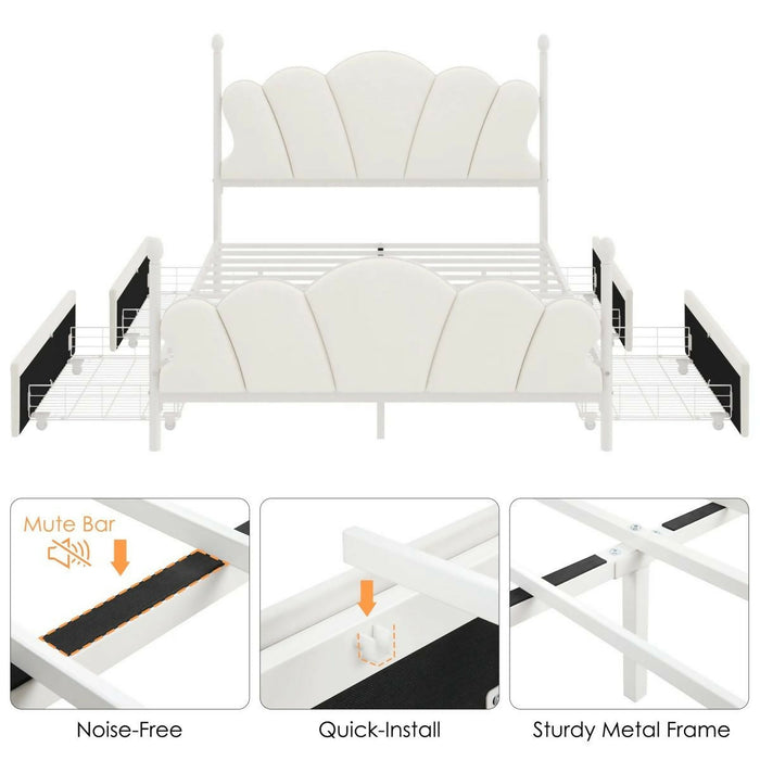 Velvet Upholstered Full-Size Bed Frame with 4 Storage Drawers, Cloud-Shaped Headboard, Sturdy Metal Slat Support, No Box Spring Required, Beige