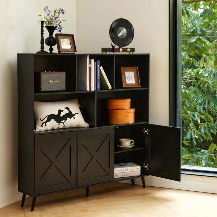 Wooden Bookcase, Tall Bookshelf Bookcase with Doors, Black Bookshelf Cabinet with Storage, Book Cases Display Cabinet Bookshelves for Home, Office, Living Room, Bedroom