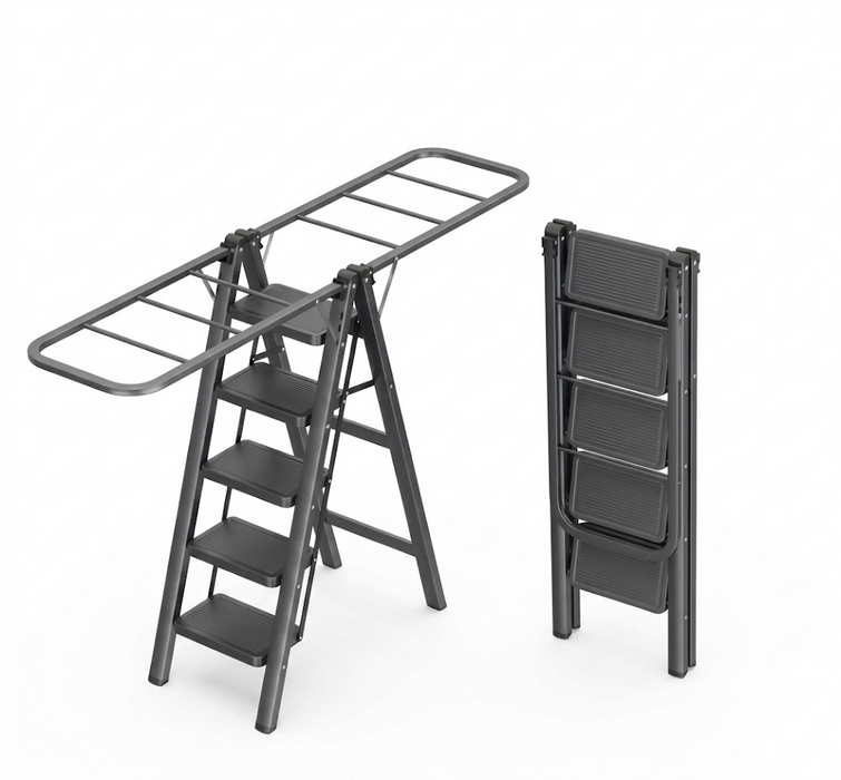 Step Ladder Drying Rack Foldable Height-Adjustable Clothes Drying Stand with Wide Non-Slip Steps 5-Step Laundry Ladder Rack Indoor Space-Saving Clothes Hanger Model LYJ5STEP