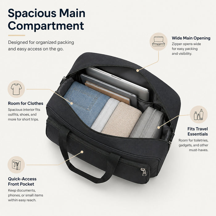 Rolling Duffel Bag, Compact Travel Bag with Wheels, Telescopic Pull Handle, Front Zip Pocket, Dual Carry Handles, 53 x 33 x 22 cm, Black Soft-Sided Weekender Luggage for Short Trips