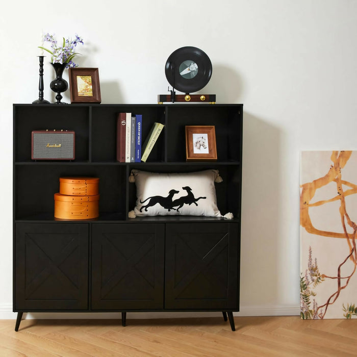 Wooden Bookcase, Tall Bookshelf Bookcase with Doors, Black Bookshelf Cabinet with Storage, Book Cases Display Cabinet Bookshelves for Home, Office, Living Room, Bedroom