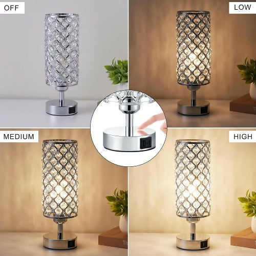 Crystal Touch Control Table Lamp, Decorative Modern Nightstand Lamp with 3-Way Dimmable, USB-C+A Ports for Home, Bedroom, Living Room (2 Set)