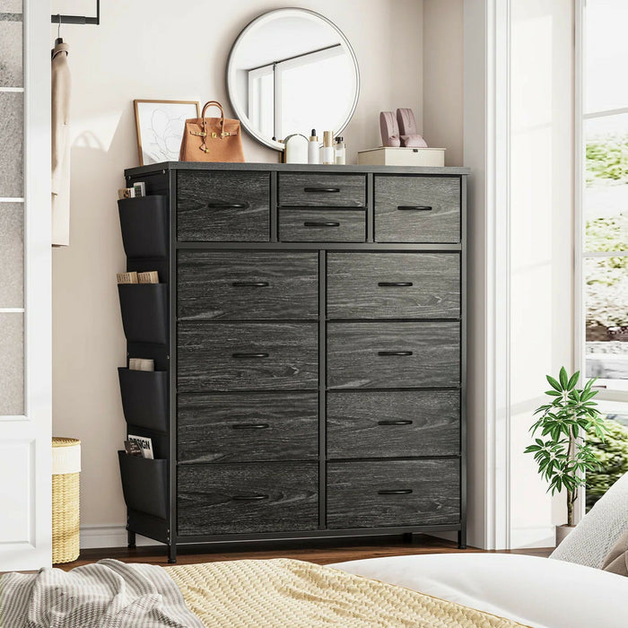 12-Drawer Dresser with Side Storage Pockets, Tall Chest of Drawers for Bedroom, Closet & Living Room, Fabric Dresser Organizer with Wood Top, Metal Frame – Large Capacity Storage Cabinet