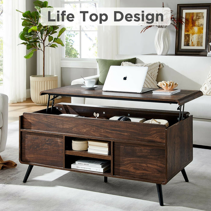 Lift Top Coffee Table, 48 Inch Mid Century Modern Coffee Table with Hidden Storage, Sliding Slatted Doors, Open Shelves, Rounded Edges, Wood Grain Finish for Living Room