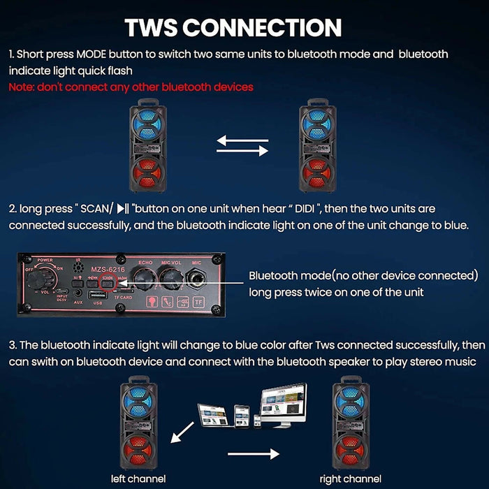 Portable Bluetooth Party Speaker Dual 6.5 in Subwoofers, RGB LED Lights, FM Radio, TWS Pairing, USB/TF/AUX Inputs, Microphone Included Karaoke Speaker for Home Parties Model CBS-6216