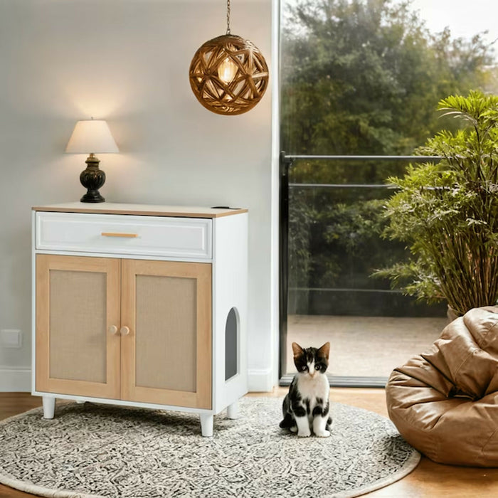 Cat Litter Box Enclosure Furniture, Hidden Cat Washroom Cabinet with Scratcher Doors, Storage Drawer, 2 AC Outlets & 2 USB Ports, 31.5 x 15.8 x 32.5 in, White/Natural Side Table