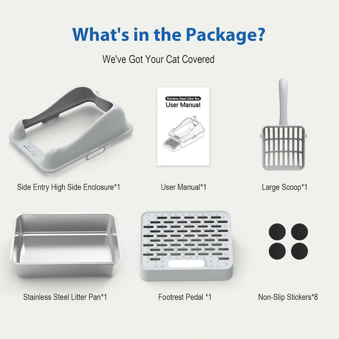 Extra Large Cat Litter Box for Big Cats, 25L Stainless Steel Litter Pan with High Sides, Non-Stick Odor-Free Surface, Step Pedal & Scoop Included – Grey